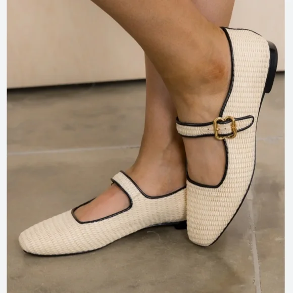 Sam Edelman Michaela Raffia Square Toe Ballet Flats Linen Ivory - Picture 13 of 13